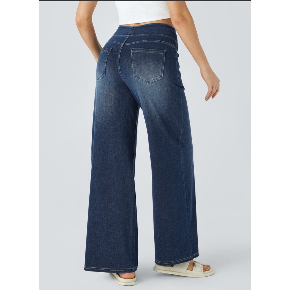 Halara Flex High Waisted Pocket Baggy Wide Leg Washed Casual Jeans Med. Petite - Picture 2 of 6